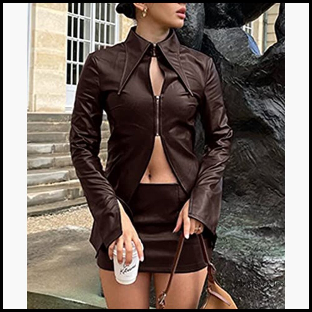 Faux Leather Skirt Co-Ords Set with Hollow Out Cardigan Jacket - Picture 4 of 6